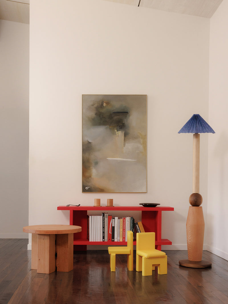 Chatterton Studio furniture pieces displayed in gallery setting, including kids chair, table and shelf